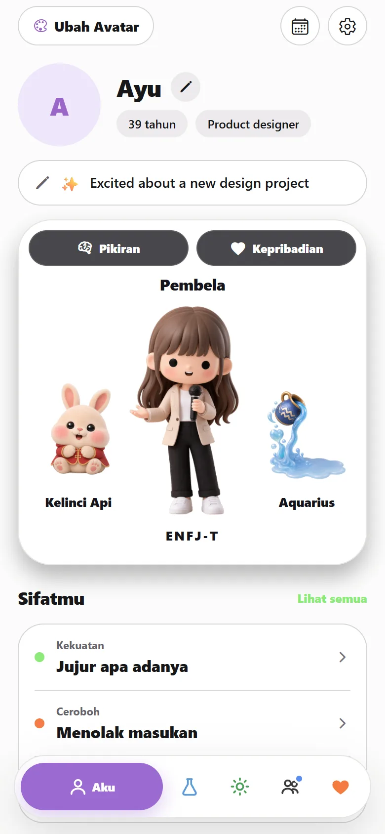 Profil Ayu di Sumaself: avatar dengan shio Kelinci Api, zodiak Aquarius, dan tipe ENFJ-T.