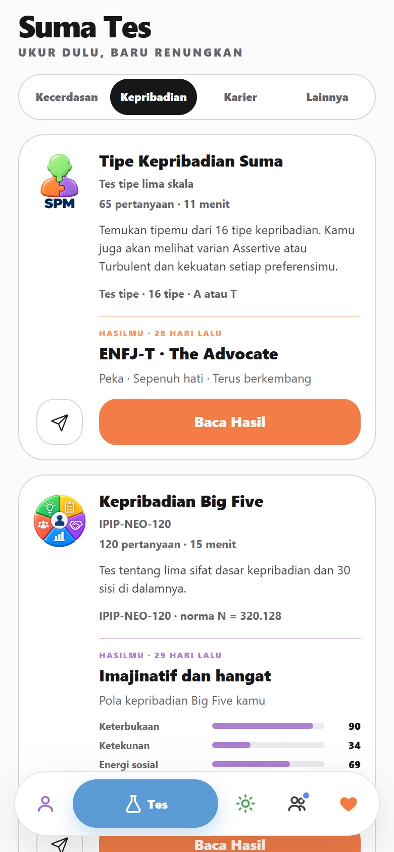 Daftar tes kepribadian di Sumaself dengan hasil ENFJ-T The Advocate dan pola Big Five.